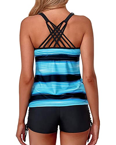 Yonique Womens Tankini Swimsuits Athletic Two Piece Tummy Control Bathing Suits With Shorts Modest Tank Tops Gradient Blue Stripe 22W #TOP1