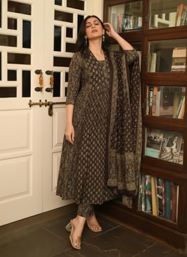 Image of ANNI Designer Women's Viscose Printed A-Line Kurta Set with Pant and Dupatta | Ethnic Wear Dress | V-Neck | 3 /4 Sleeve Indian Traditional Outfit for Women