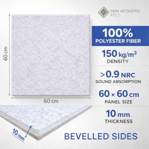 Image of YGM Acoustic Foams Luxury PET Felt Acoustic Self Adhesive Panels, 10 MM Thick, Sound Absorbing Panels for Wall | Room Noise Reducer & Sound Dampening (Marble White, 2x2 Foot - 8 Panels)