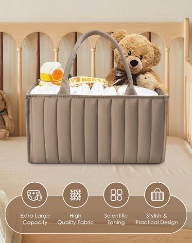 SWEET DOLPHIN 2-Pack Quilted Diaper Caddy Organizer β Premium Puffer Style Nursery Storage Bins β Water-Resistant & Wipeable Changing Table Organizer β Trendy Tote for Home & Car Travel - Mocha Brown - 3