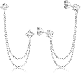 KRFY Chain Stud Earrings S925 Sterling Silver for Women Girls 18K Gold Plated Minimalist Climber Crawler Tassel Chain Dangle Drop Earring Studs Piercing with Sparkling Crystal CZ for Sensitive Ears