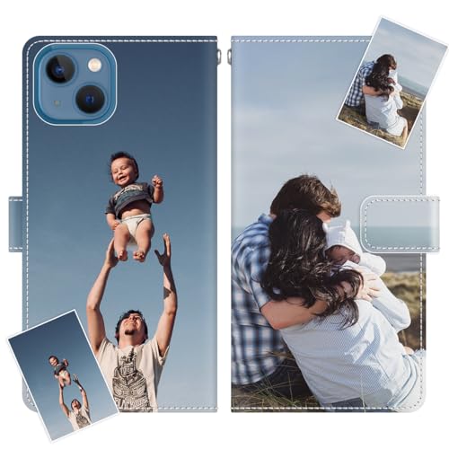 JGOYGYI Coque Personnalisée Compatible avec iPhone 13,Personnalisable Etui Housse en Cuir PU Étui avec Votre Propre Texte Photo Image Motif Housse+Cordon