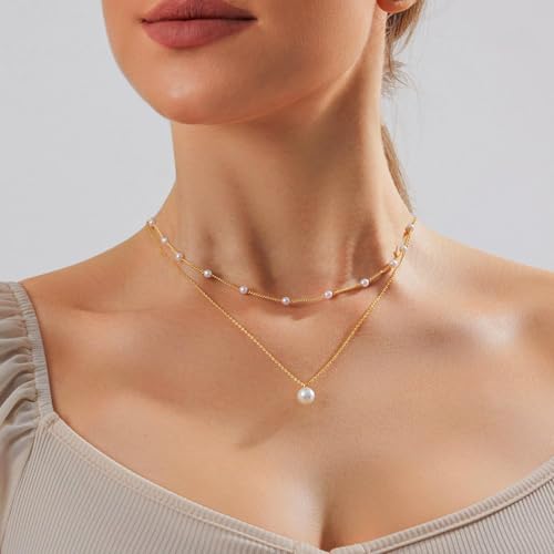 Image of Zeffy Gold Pearl Necklace for Women, Dainty 14K Gold /Silve Plated Layered Pearl Choker Pearl Earrings Pearl Bracelets Wedding Trendy Gold Jewelry Set for Women Gifts