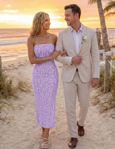 Image of ZESICA Women's 2026 Summer Floral Strapless Bodycon Midi Dress Off Shoulder Beach Formal Cocktail Wedding Guest Long Dresses