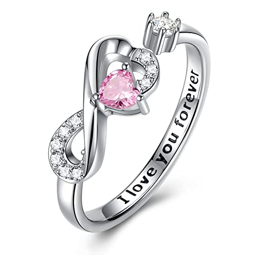 CRYSLOVE - Anillo de plata de ley 925 con circonita abierta, ajustable, anillo de compromiso, piedra de nacimiento, anillo de regalo original para San Valentín, día de la madre, Plata, Zirconia cúbica