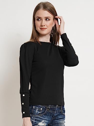 Image of POPWINGS Casual Solid Puff Button Long Sleeves Top for Women || Summer Round Neck Stylish Western Top for Jeans