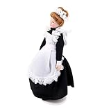 . Das Tragen von schwarzen Kleid mit weißer Schürze, hat ein braunes Haar