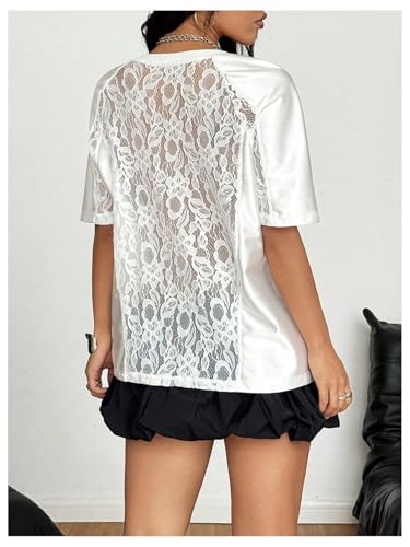 MakeMeChic Women's Jersey Shirts Lace Sheer Top V Neck Letter Graphic Oversized Tee Top3