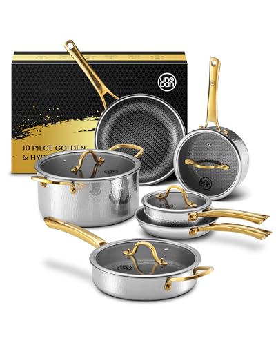 Gold Pots and Pans Set, Hybrid Hammered Stainless Steel, 10PC Nonstick Kitchen Cookware Sets w/Frying pan, Non Toxic, Oven Safe & Compatible with All Stovetops, Holiday Cooking Gift for Him or Her