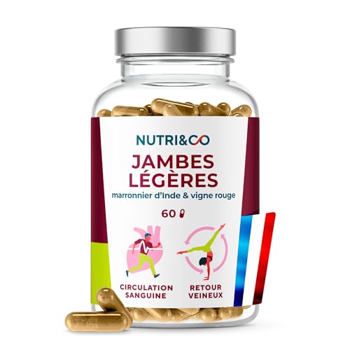 NUTRI & CO Jambes Légères - Vigne Rouge + Extrait de Pépins de Raisin & Marronnier d’Inde - Favorise la Circulation Sanguine - Complément Jambes Légères - 60 gélules Vegan - Fabriqué en France