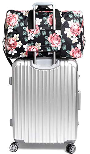 Foldable Large Travel Duffle Bag Waterproof Cute Overnight Carryon Weekender Bag for Women Girl (Black Rose)