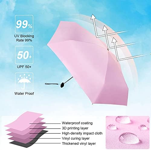 Vicloon Mini Travel Umbrella, Pocket Umbrella Foldable Compact with Flat Handle, 6-Rib Light-Weight Waterproof Sturdy and Portable Umbrella, Rain and Sun Umbrella, UPF>50+ Protection (Pink)