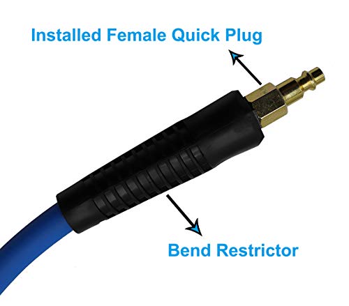 Yotoo Hybrid Lead-In Air Hose 3/8-Inch By 10-Feet 300 Psi Heavy Duty, Lightweight, Kink Resistant, All-Weather Flexibility With 1/4-Inch Brass Male Fittings, Bend Restrictors, Blue #TOP3