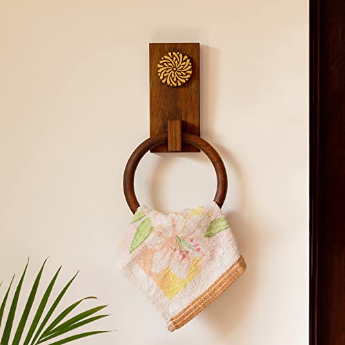 Image of ExclusiveLane 'Floral Block' Hand Carved Towel Ring Holder in Sheesham Wood - Kitchen Towel Holder for Kitchen Face & Hand Towel Stand Hangers Bathroom Towel Ring for Wash Basin Bedroom Wall Decor