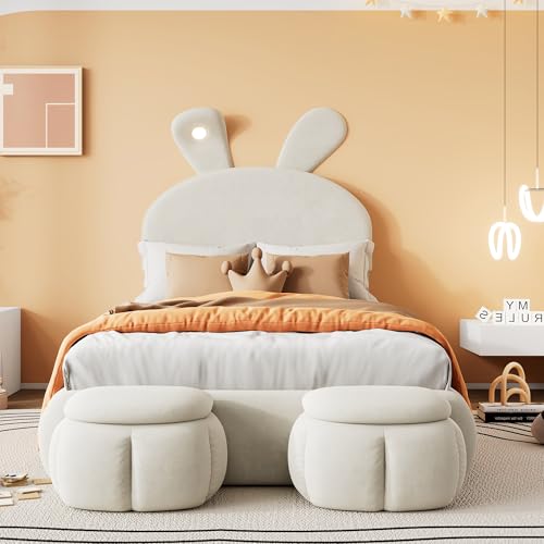 HaoChrymec Cama Individual Tapizada de Terciopelo con Orejas de Conejo, Luz LED Regulable de Color Cálido, con Dos Pufs de Almacenaje, Somier de Madera, para Dormitorio Infantil, Beige, 90 x 200 cm