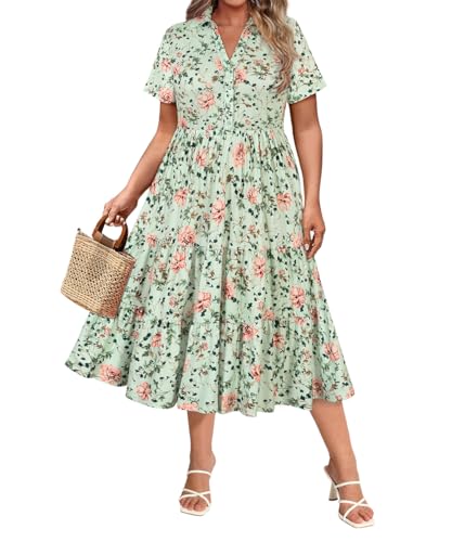 Image of CARCOS Plus Size Dresses for Curvy Women Collared Vneck Short Sleeve Dresses Midi Summer Ruffle Dress with Pocket XL-5XL