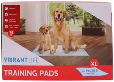 Vibrant Life Training Pads – Super Absorbent, Leak Proof, & Fast Dry Dog and Puppy Pee Pads – XL 26 in x 30 in, 75 Count
