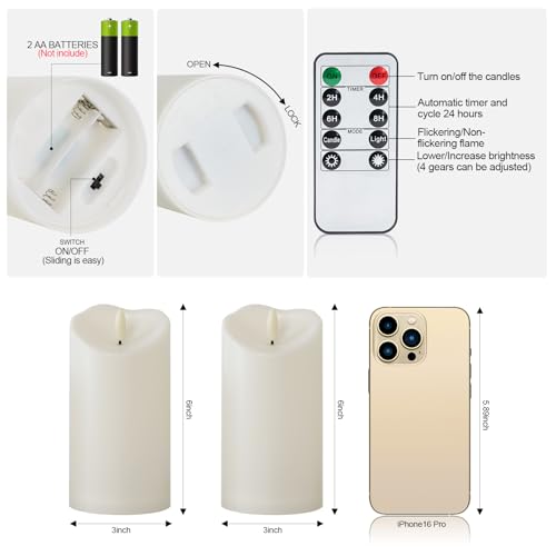 Image of Raycare 6 inchx3 inch Outdoor Waterproof Flameless Candles with Remote and Timer, Battery Operated LED Electric Fake Pillar Candle for Christmas Home Wedding Decor, Ivory White, Set of 2