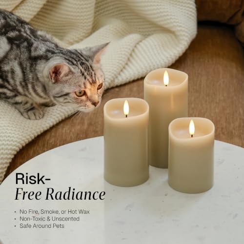 Image of Beige LED Real Tan‑Wax Flameless Battery‑Operated Pillar Flickering Candles