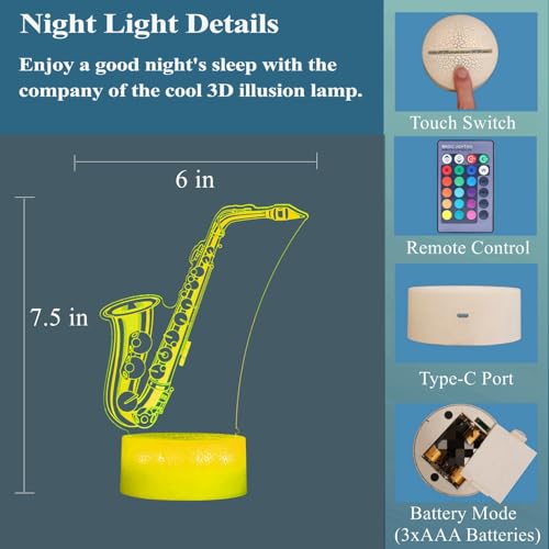 POSSHE Saxophone Night Light, 3D Illusion Night Light with 16 Colors Changing, Remote Control with Timer, Music Accessories Toys and Room Decoration for Holiday Birthday Christmas