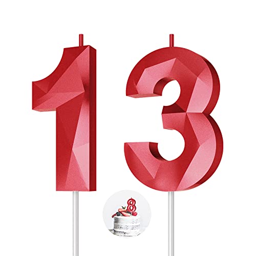 Number Birthday Candles(13 Candle Red) 3D Diamond Shape Number Happy Birthday Cake Candles for Birthday Party Wedding Decoration Reunions Theme Party