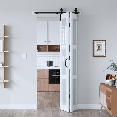EaseLife 36x 84 (Double 18 x 84) Bifold Barn Door Bifold Sliding Barn Door with Hardware Kit Solid MDF Wood Slab Covered with Water-Proof PVC Surface Frosted Glass Panel Assembly Required