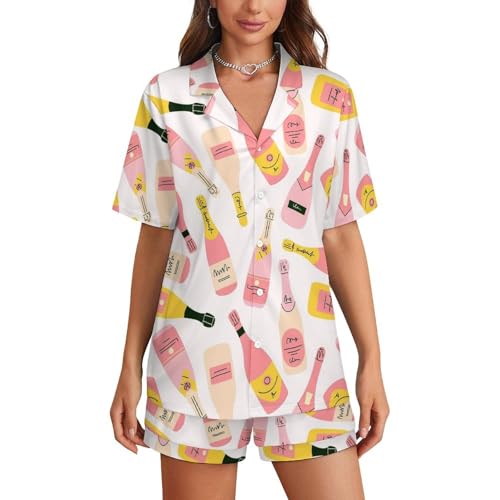 Image of Cartoon Champagne Bottle Women Pajama Set Short Sleeve Comfy Pjs Sets 2 Piece Lounge Set
