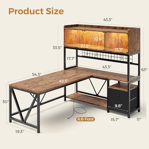 Image of L Shaped Gaming Desk with Drawers, Corner Computer Desk with LED Tempered Glass Display Cabinet, Shaped L Office Desk with Charging Station and Fabric Drawer, PC Desk for Gaming and Office, Brown