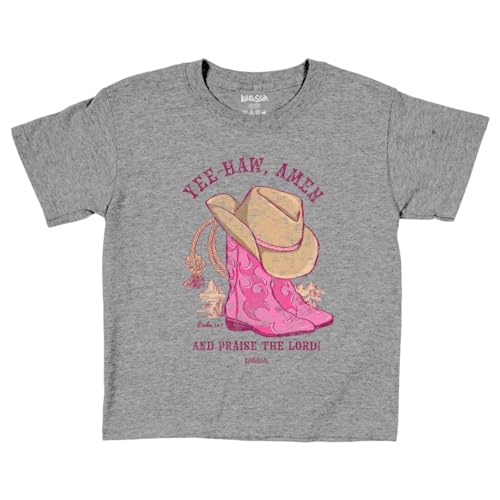 Kerusso, Faith Message, Cowboy Boots, Girls, Toddler, Sport Grey, Pink, Cotton, Kids Crew Neck T-Shirt, Yee Haw, Amen