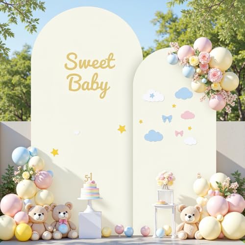 Image of Ivory Arch Cover Set of 2 Spandex 7.2 and 6ft Ivory Arch Backdrop Cover Wedding Arch Stand Covers for Bridal Shower Wedding Baby Shower Birthday Party Ceremony Banquet Photo Arched Background