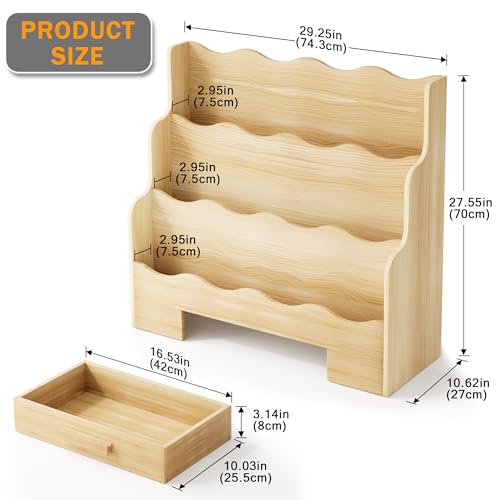 Image of 3-Tier Montessori Scalloped Kids Bookshelf, 29.6 inch Wide Natural Wood Forward Facing Bookcase for Toddlers, Children's Book Display and Organizer for Playroom, Nursery, Bedroom or Classroom