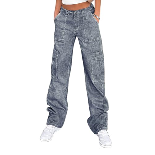 Lepunuo Cargo Pants Women High Waisted Baggy Casual Pants with Pockets Straight Wide Leg Trousers Y2K Pants Denim Blue