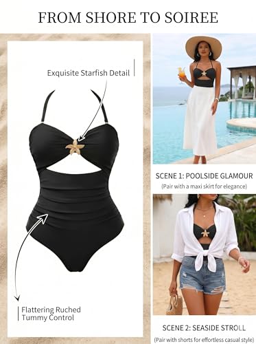 Image of Tempt Me Women Sexy Cutout One Piece Swimsuits Tummy Control High Waisted Halter Front Tie Knot Bathing Suit