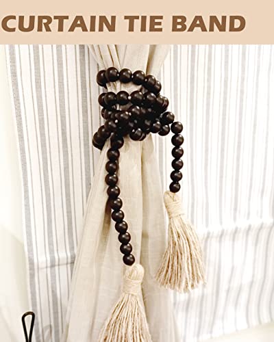 Panba Wood Bead Garland Boho Decor Prayer Beads With Tassel Farmhouse Rustic Home Coffee Table Decor Prayer Beads Decoration Modern Farm Country Decoration (Black) #TOP6