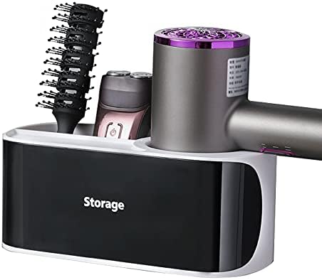 kuivoo Hair Dryer Holder Wall Mounted,Multifunctional Plastic Self-Adhesive Hairdryer Holder,Hair Tool Organiser with Storage Boxes,Bathroom Hair Dryer Rack (Black)