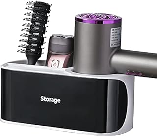 kuivoo Hair Dryer Holder Wall Mounted,Multifunctional Plastic Self-Adhesive Hairdryer Holder,Hair Tool Organiser with Storage Boxes,Bathroom Hair Dryer Rack (Black)