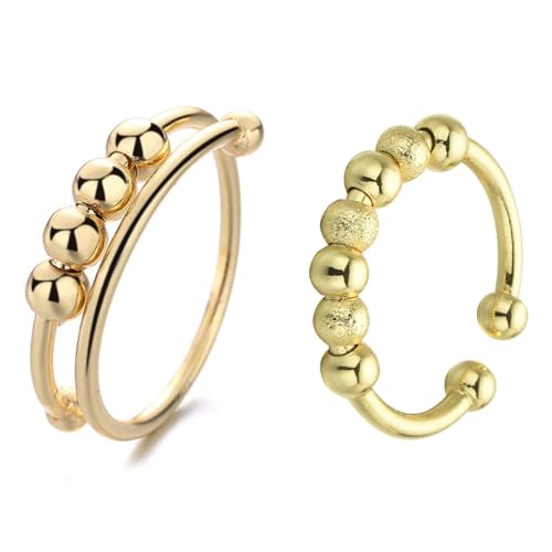 MUNZE 2 Piezas Anillo Fidget New Generation De Acero Inoxidable Duradero Para Mujer, Resistente Al Agua, Tamaños Ajustables, Anillo De Cuentas Redondas Giratorio, Anillo De Descompresión Hembra.