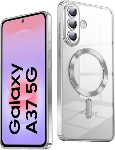 Image of VONZEE Clear Logo Electroplating Transparent Back Case for Samsung Galaxy A37 5G, Magnetic Plating Electroplate TPU Cover, Individual Camera Protection for Each Lens- Silver