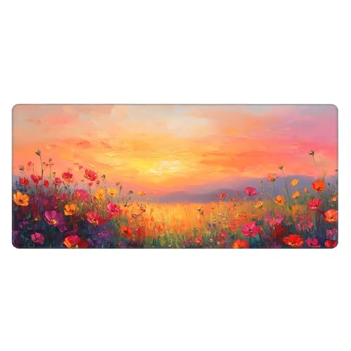 Image of Flower Oil Painting Extended Gaming Mouse Pad, with Stitched Edges Large Mouse Pad Desk Protector, Rubber Base Mousepad Keyboard Mouses Mat for Work Game Office Home- 32 inch X 12 inch Inch,E478