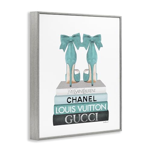 Image of Stupell Industries 'Turquoise Bow Heels on Books', Framed Giclee Art, Gray, 16 x 20 Inches, Easy to Hang and Sturdy, Made in USA, by Amanda Greenwood | Stupell Industries | Gray, 16 x 20 Inches, Easy to Hang and Sturdy, Made in USA, by Amanda Greenwood