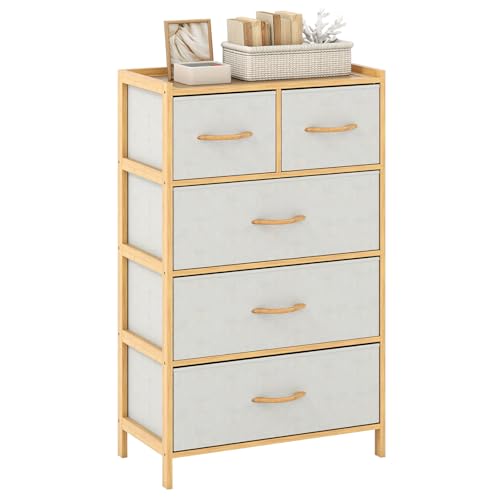 COSTWAY Commode 5 Tiroirs en Tissu, Chiffonnier Meuble de Rangement en Bambou, Dessus en Bois, Étagère Supérieure, Commode Haute pour Chambre d'enfant,...