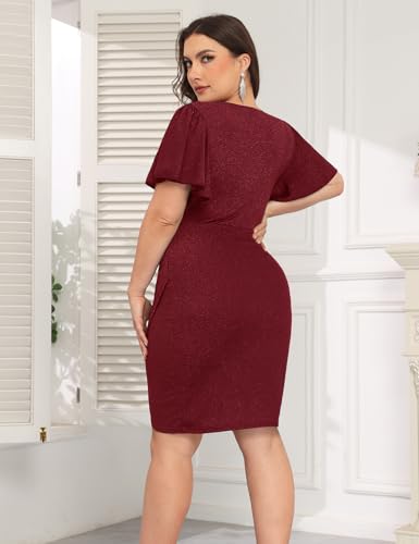 Image of CYCLAMEN 1X-4X Plus Size Sparkle Glitter Ruched Bodycon Mini Wrap Dress Sparkly Sequin Dresses Ruffle Sleeve Party Cocktail