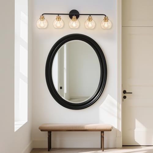 Image of 5 Light Bathroom Vanity Light, Black and Gold Bathroom Light Fixtures | with Clear Glass Shade Modern Wall Sconces Lighting Bath Wall Lights Lamp for Mirror Kitchen Living Room Bedroom Hallway