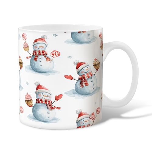 Taza de café de cerámica con diseño de muñeco de nieve, diseño de magdalenas de caramelos de invierno, color azul, novedosa taza de té con asa, regalo para amistad, familia, colegas, profesores