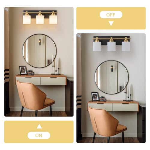 BrkNit 3 Light Modern Bathroom Light Fixtures Over Mirror, Black Gold Vanity Lights for Bathroom Wall Sconces with Milky White Glass Shades, E26 Socket (Bulbs Not Included) by BrkNit - Image 7