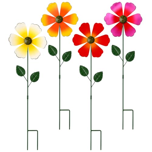 YTACREA Lot de 4 Moulin à Vent en Forme de Fleur avec Piquets, 2-en-1 Moulins à Vent Arc-en-Ciel de 58 cm, Wind Sculptures pour Terrasses, Pelouses, Jardins...