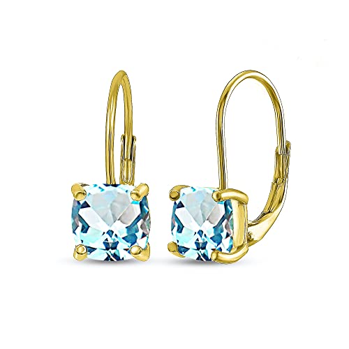 Light Blue Earrings for Women 7x7mm Cushion-Cut Yellow Flashed Sterling Silver Genuine Blue Topaz Leverbacks Gold Drop Earring Bridesmaids Birthday Fashion Trendy