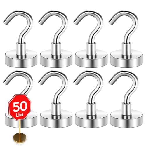 E BAVITE Heavy Duty Magnetic Hooks,50 LBS Strong Neodymium Magnet Hook for Home, Kitchen, Workplace, Office and Garage, 20mm(0.78inch) in Diameter - Pack of 8