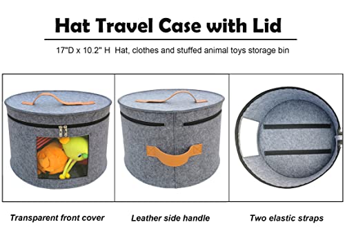 Image of Hat Storage Box 17 inch D x 10.2 inch H Hat Travel Case Clothes Storage Bin for Women Stuffed Animal Toy Organizer Closet Organizer Bucket with Lid and Transparent Front Cover (Grey-43 * 26CM)