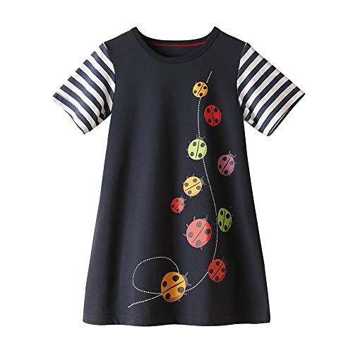 HIKIDS Mädchen Kleider Sommer Streifen Marienkäfer Baumwolle Kurzarm Kleid Gr. 110 Cover